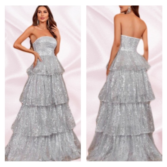 Silver Sequins Strapless Layered Tiered Formal Gown Dress - Picture 2 of 5
